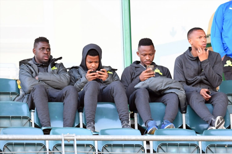 Mamelodi Sundowns players Siyabonga Zulu, George Lebese,Thokozani Sekotlong and Andile Jali during the CAF Champions League match between Mamelodi Sundowns and Horoya AC at Lucas Moripe Stadium on August 28, 2018 in Pretoria, South Africa.