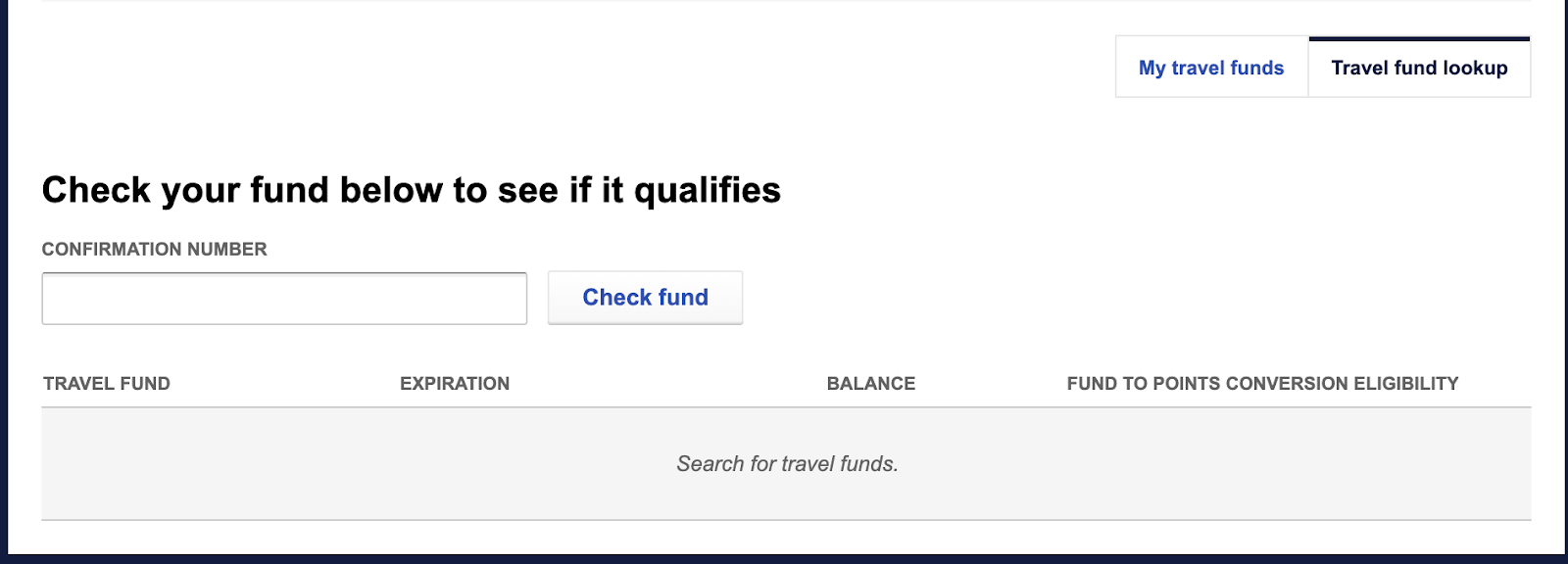 Screenshot of Southwest Travel Funds