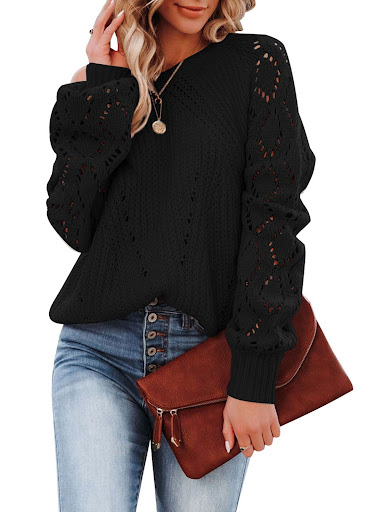 Title 9, Solid Female Hollow Pattern Round Neck Sweater