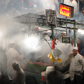 Night market in Marakesh by Igor Fabjan - City,  Street & Park Markets & Shops ( street food, night, morocco, marakesh, night market, lights )