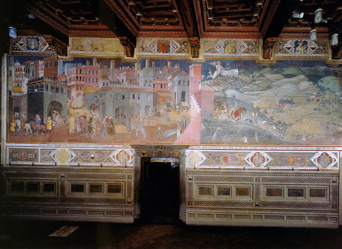 Ambrogio Lorenzetti, Allegoria del Buon Governo), la parete Est (Effetti del Buon Governo in città e in campagna) della Sala dei Nove del Palazzo Pubblico