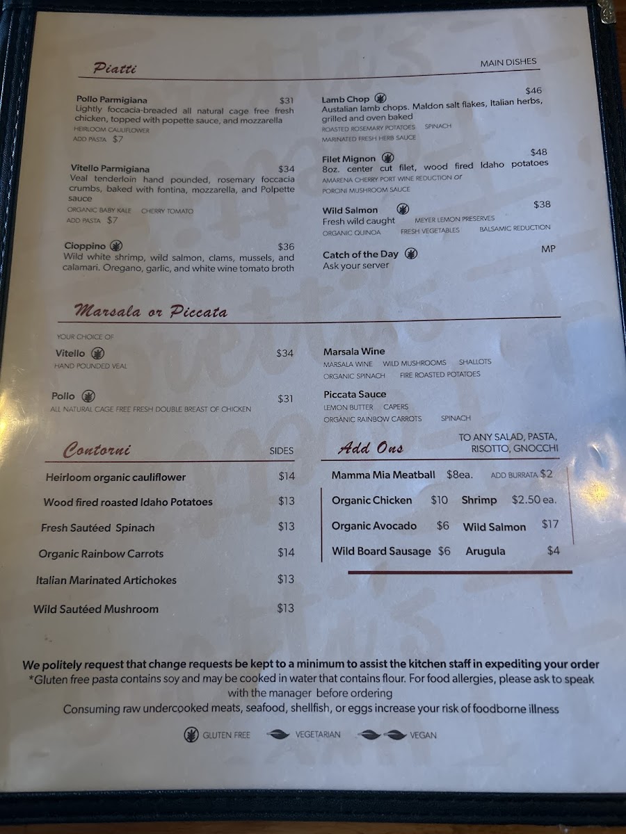 Note: Bottom of the menu mentions their GF pasta may be cooked in the same water as non-GF pasta. BUT! We asked the kitchen and they said they can use a separate, clean pot of water to cook in