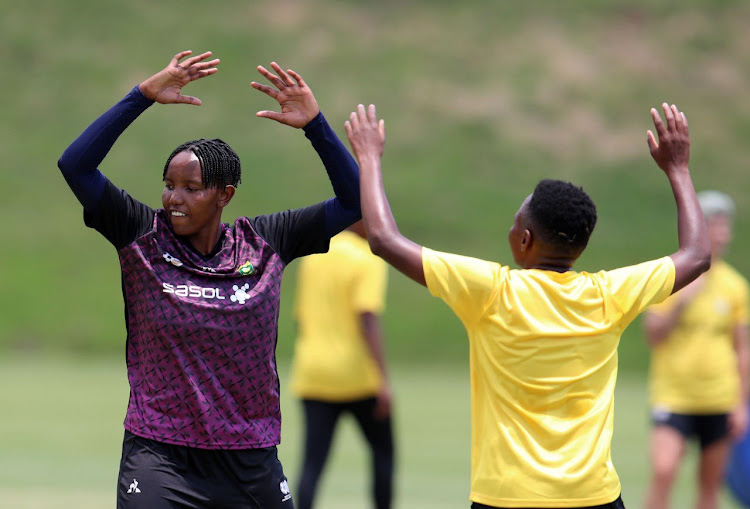 Banyana Banyana goalkeeper Andile Dlamini (left) during a training session in Johannesburg this week as they prepared to take on Zambia in a friendly match in Lusaka.