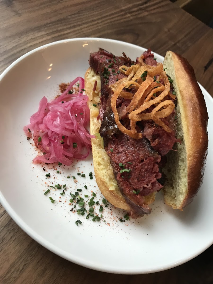 Awesome BBQ Wagyu Beef and Salmon!  I can’t believe the entire menu is made from gluten free ingredients, even the crispy onion and high protein buns on the sandwiches.  Desserts and Waffles too!