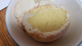 Broccoli Cheese Soup in a bread bowl.