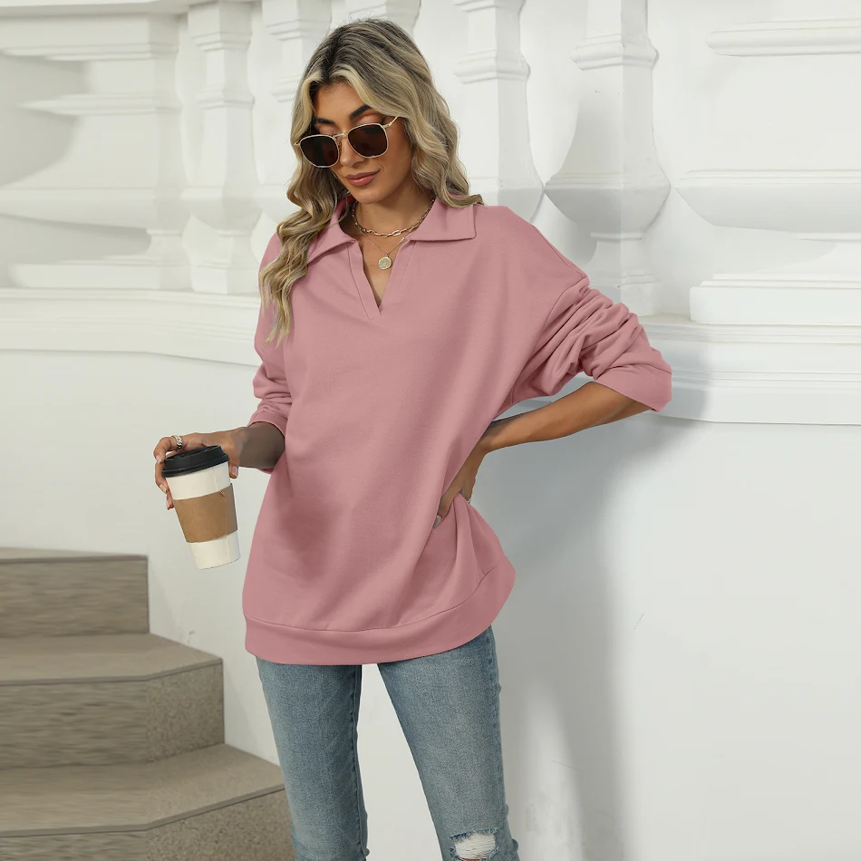 Sweat-shirt à manches longues et col en v pour femme, vêtement décontracté, ample, couleur unie, à la mode, nouvelle collection