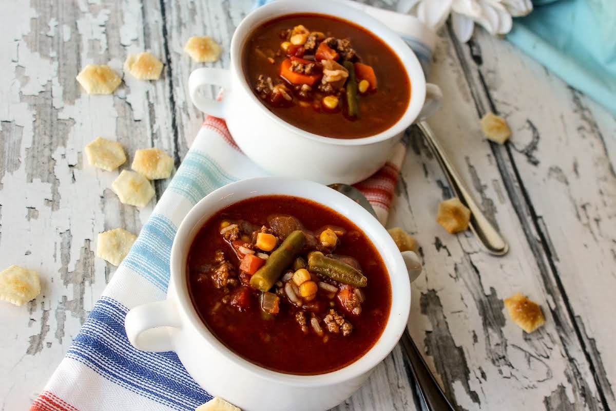 Baby It's Cold Outside Burger Soup | Just A Pinch Recipes