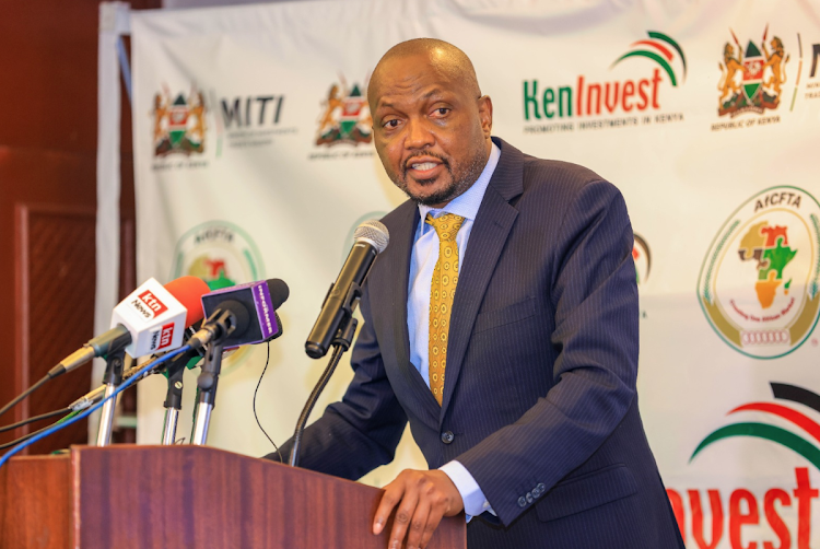 Investment Trade and Industry CS Moses Kuria during the African private sector dialogue on AfCFTA, in Nairobi, on May 22/TWITTER