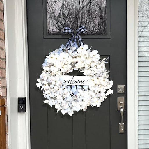 Title 5, White Flower Wreath Buffalo Plaid Front Door Pe...