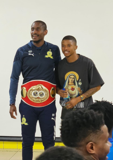 IBF champ Sivenathi Nontshinga with Mamelodi Sundowns coach Rhulani Mokwena