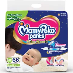 Mamypoko Pants Extra Absorb Baby Diapers, New Born - 66 pcs