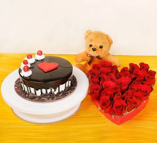 Black Forest Cake Special With 1 Teddy Bear And Heart Shape Rose
