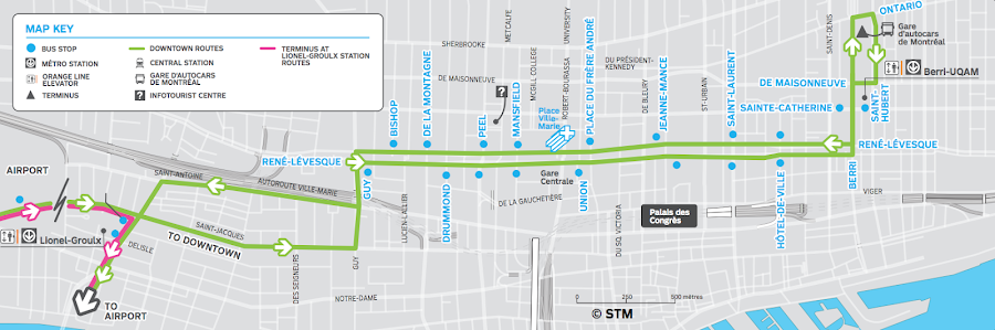 Jak dojechać z lotniska do centrum Montrealu, schemat autobusu 747, Montreal