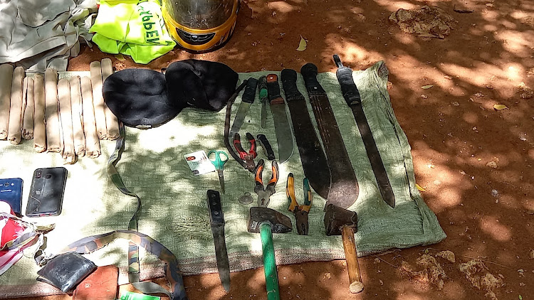 Some weapons recovered by police officer in Mbweka, Kombani, in Kwale county in April 2022.