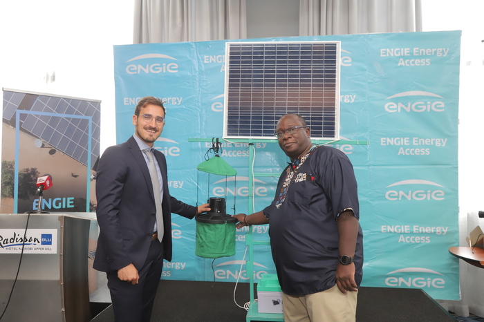 PreMal Co-Founder Lorenzo Fiori and Engie Energy Access Country Director Fredrick Noballa during the launch of solar-powered insecticide-free mosquito traps on July 22, 2022