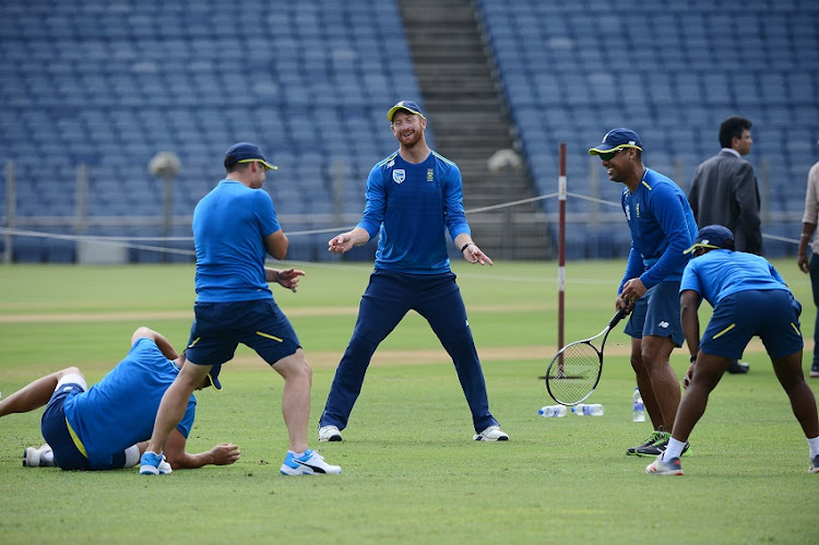 Heinrich Klaasen (C) and team mates doing fielding during the South African national men's cricket team training session and press conference at Maharashtra Cricket Association Stadium on October 08, 2019 in Pune, India.