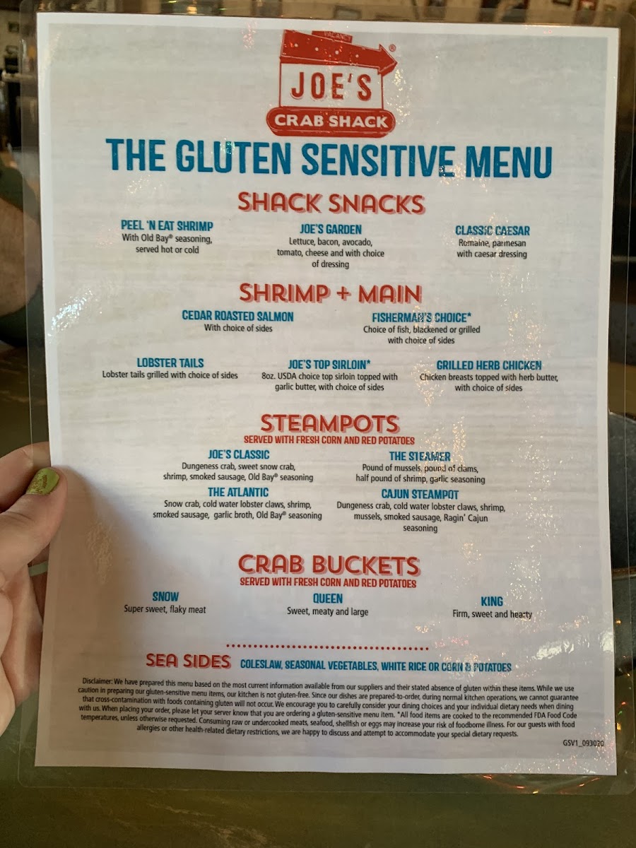 Gluten free menu