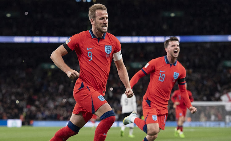 Harry Kane celebrates scoring for England's in their Uefa Nations League League match against Germany at Wembley on September 26 2022.