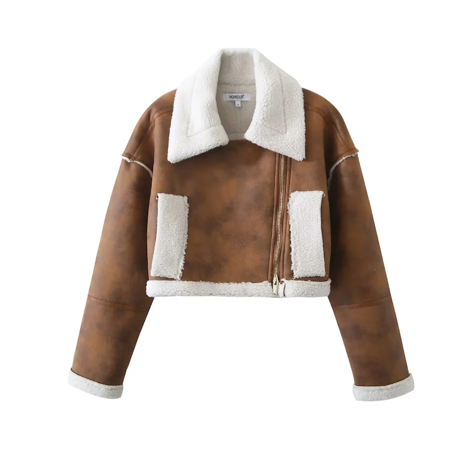 Dames jas met revers, los, kort, suède, contrastkleur, zakken, zijrits, lamswol lange mouwen. Comfortabele en stijlvolle jas.