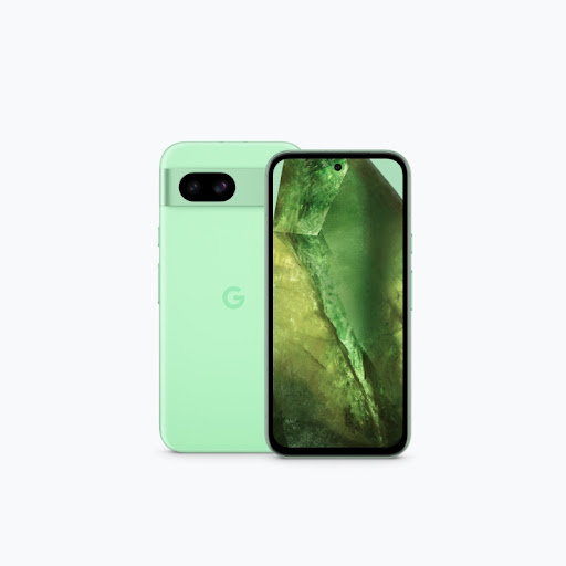 The front and back of a Pixel 8a in Aloe. The front display shows a green mineral.