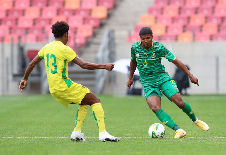 Lyle Lakay of South Africa challenged by Dilson Quaresma of Sao Tome during the 2021 Afcon Qualifier match between Sao Tome and South Africa.