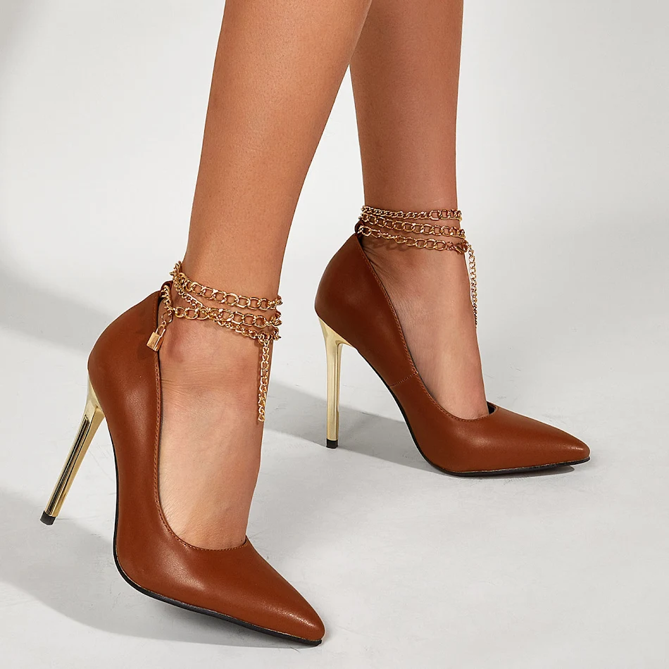 Women's Low-Top Stiletto Heels with Metal Chain. Pointed toe for a stylish and elegant look.
