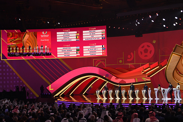 LED displays the Fifa World Cup Qatar 2022 Final Draw results for Groups A, B, C and D during the Final Draw at the Doha Exhibition Center on April 01, 2022 in Doha, Qatar.