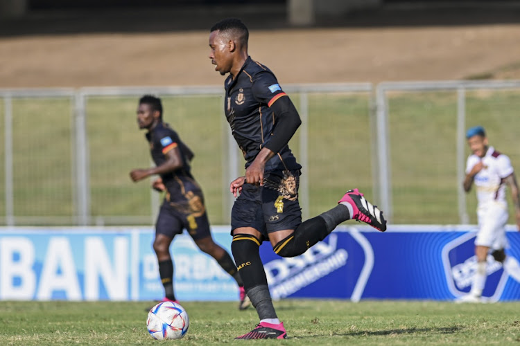 : Happy Jele of Royal AM during the DStv Premiership match between Royal AM and Stellenbosch FC at Chatsworth Stadium on April 09, 2023 in Durban, South Africa.