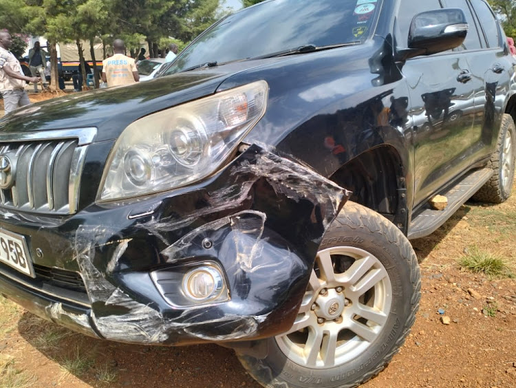 A destroyed vehicle belonging to Migori Jubilee governor candidate Dalmas Otieno at Awendo police station on Tuesday