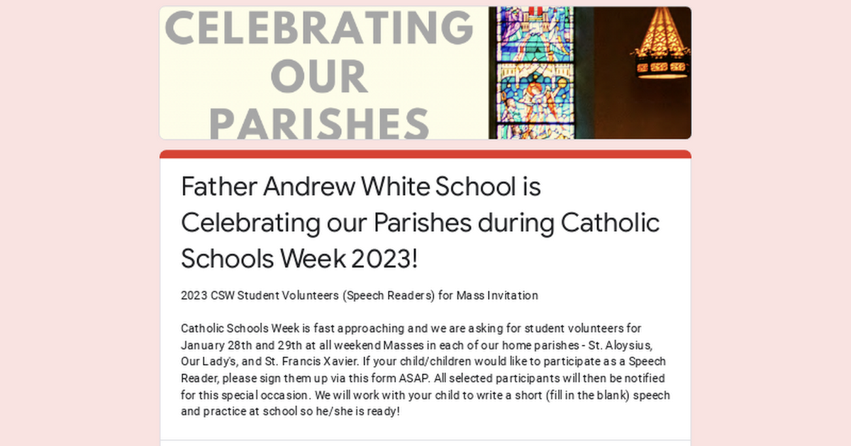 Father Andrew White School is Celebrating our Parishes during Catholic Schools Week 2023!