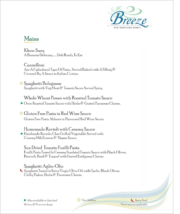 Breeze Lounge menu 