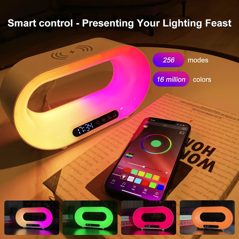 Multifunctionele 3-in-1 LED-nachtlamp met APP-bediening, RGB-sfeer, slimme draadloze oplader en wekker. De perfecte alles-in-één oplossing.