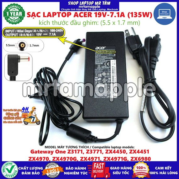 Sạc Laptop Acer 19V - 7.1A (135W) 5.5*1.7Mm Dành Cho Aspire Vx 15 Vx15, Nitro 5 N18C3 An515 - 51 An515 - 41, Nitro 7 An715 - 51