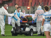 An injured Jaden Hendrikse being carted off during the Rugby Championship match between the Springboks and Argentina at Nelson Mandela Bay Stadium on August 21, 2021 in Gqeberha.