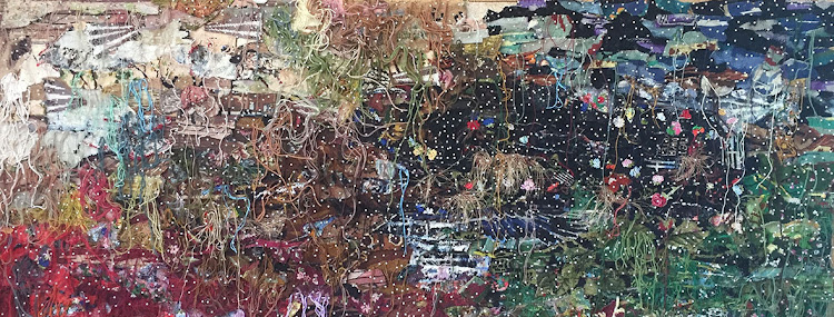 'Idyll I' (190x85cm) threads, tapestry, pearl pins, wool, 2016