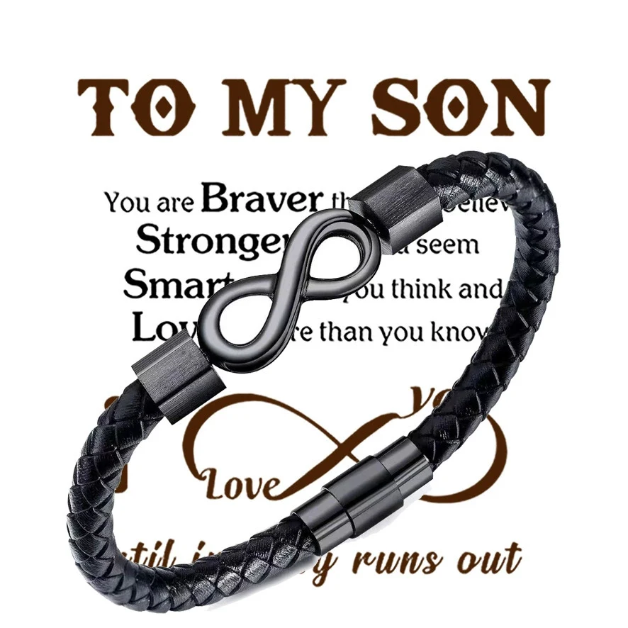 RVS leren armband met acht woorden, stijlvol en duurzaam, een ideaal cadeau voor heren.