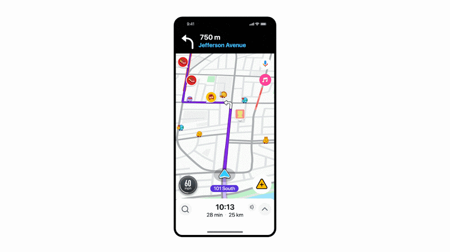 Animation showing a user clicking on a “Promoted Places in Navigation” pin on a Waze map