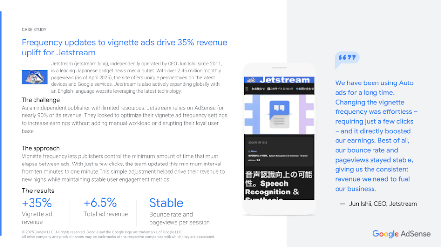 AdSense vignette frequency case study for Jetstream