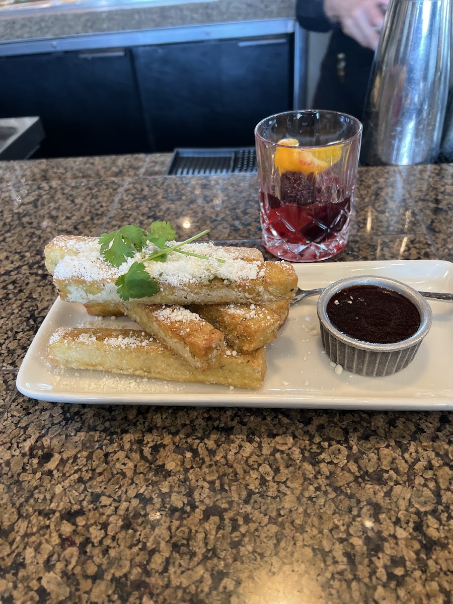 Polenta fries with red pepper jelly and the blackberry bramble. Yum