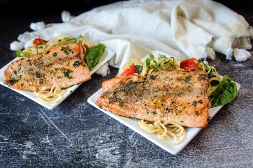 Herb Crusted Salmon With Pasta Florentine