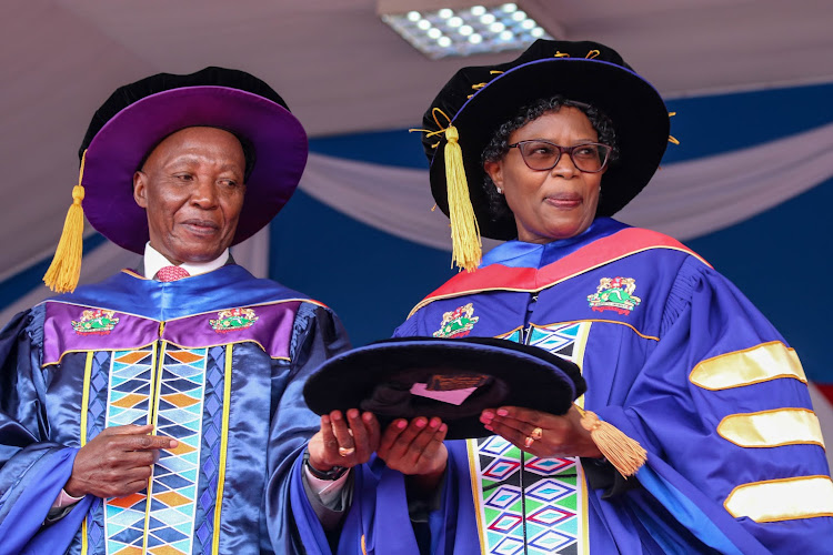 KU's Chancellor, Dr. Benson Wairegi and Vice-Chancellor Prof. Waceke Wanjohi during the commissioning of graduands as the institution celebrates its 51st graduation ceremony on July 22, 2022.