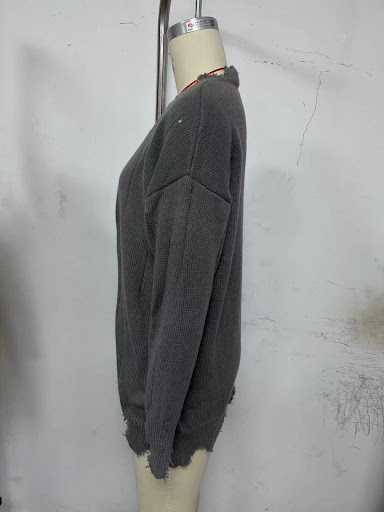 Title 10, Loose Pullover Top Womens Hand Frayed Round Ne...