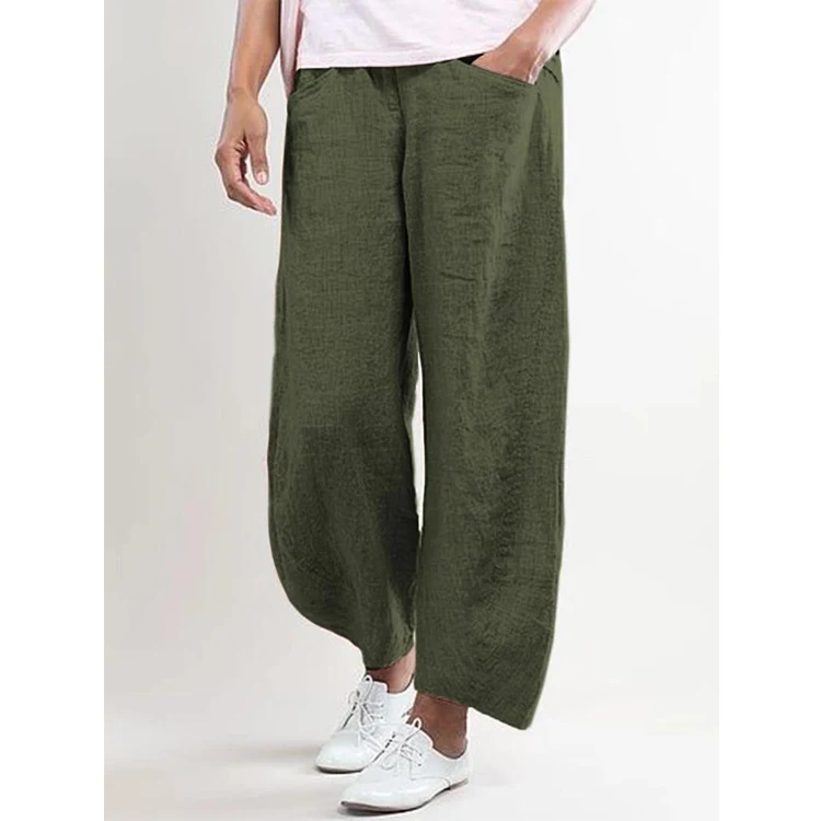 Pantaloni dritti casual in cotone e lino tinta unita, perfetti per un look informale e confortevole, ideali per l'uso quotidiano.