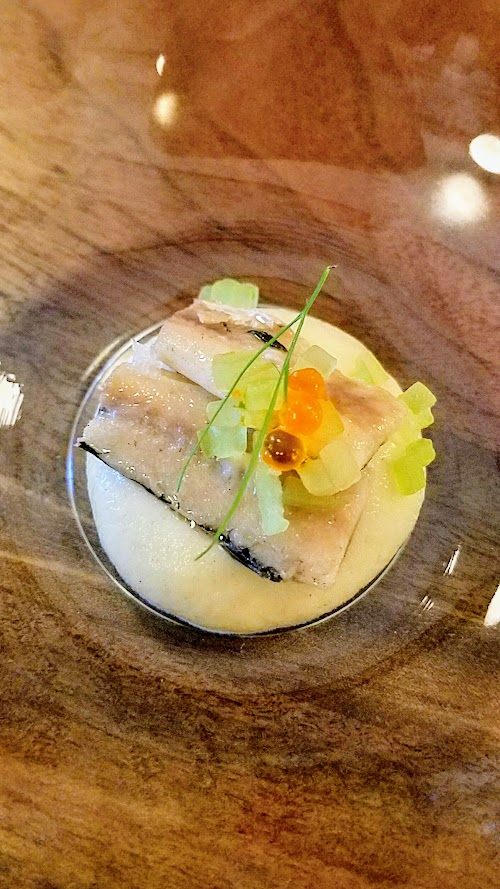 Chefs Week PDX 2017 Heritage Dinner at Chesa on May 7, Snacks here a bite of House Cured Boquerones over vanilla parsnip puree with caviaroli espelette and cucumber tartar.