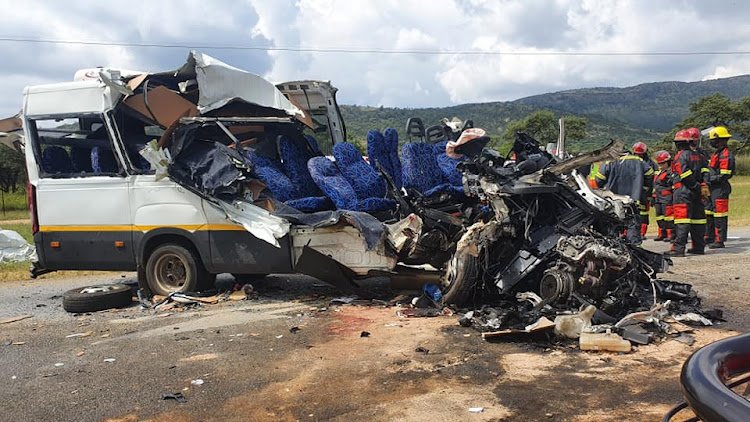 A Scania truck collided head-on with a 22-seater bus between Polokwane weighbridge and The Ranch Hotel.