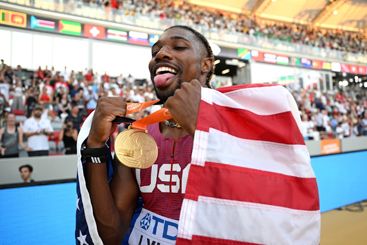 Gold medalist Noah Lyles of Team US reacts after winning the men's 100m final on day two of the 2023 World Athletics Championships at National Athletics Centre in Budapest, Hungary on Sunday.