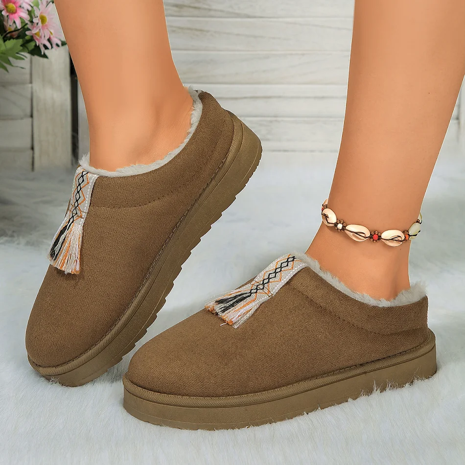 Winter Plush Home Slippers for Women, Fashion Round Toe Flat Suede Garden Shoes, Indoor Warm Floor Bedroom Slipper, Comf