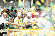 President Cyril Ramaphosa is joined by former president Jacob Zuma and other party officials at the 107 birthday celebrations at Moses Mabhida stadium on Saturday. 