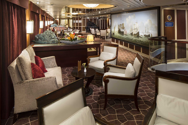 The Explorer's Lounge on deck 4 of Prinsendam features a large, comfortable seating area for passengers.