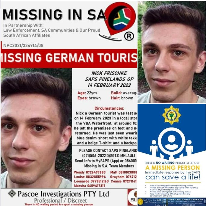 German tourist Nick Friscke (22) has gone missing in Cape Town. Police are appealing for information.